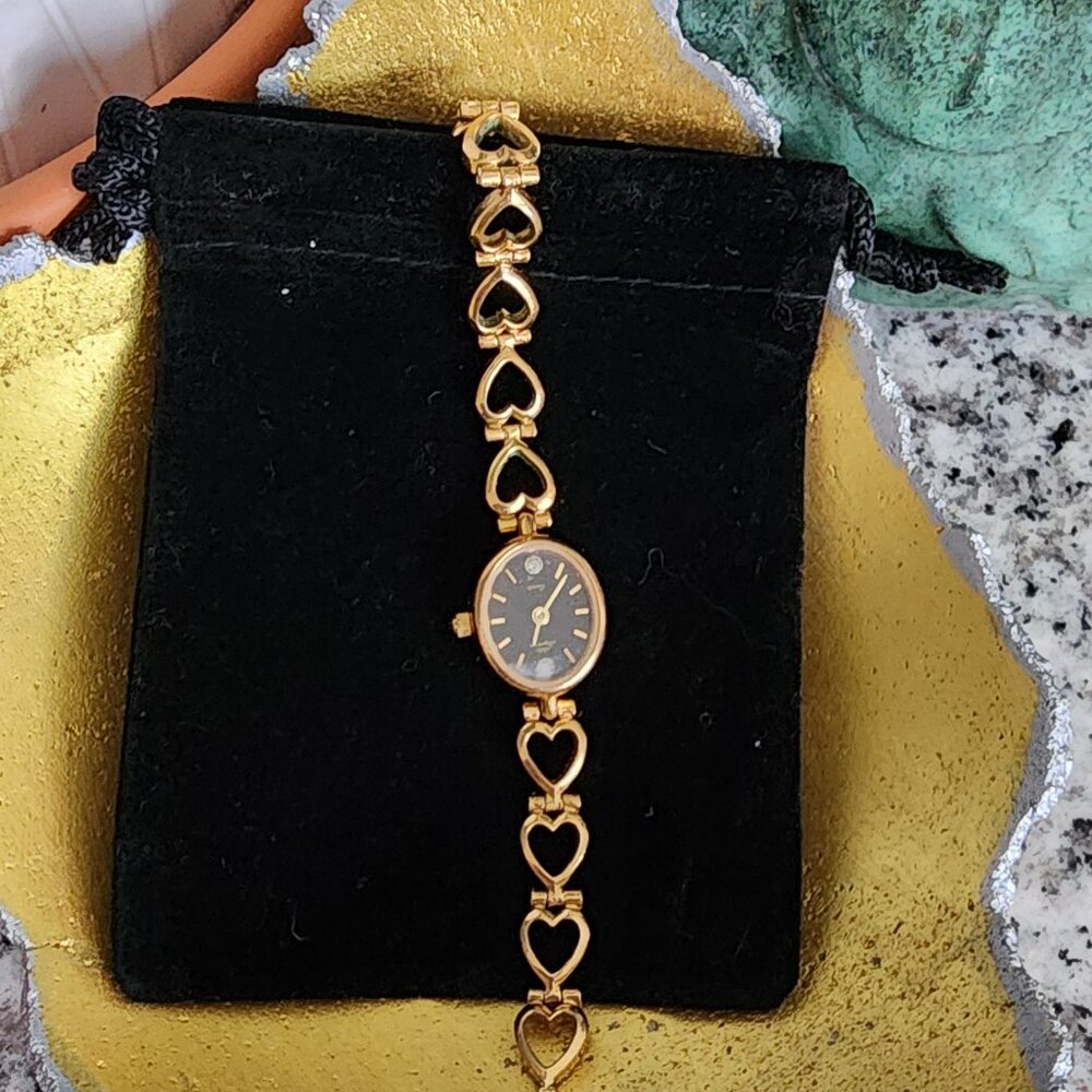 Vintage Jules Jergenson Gold Heart-2 Diamond Watch-Needs Clasp or Use for Parts